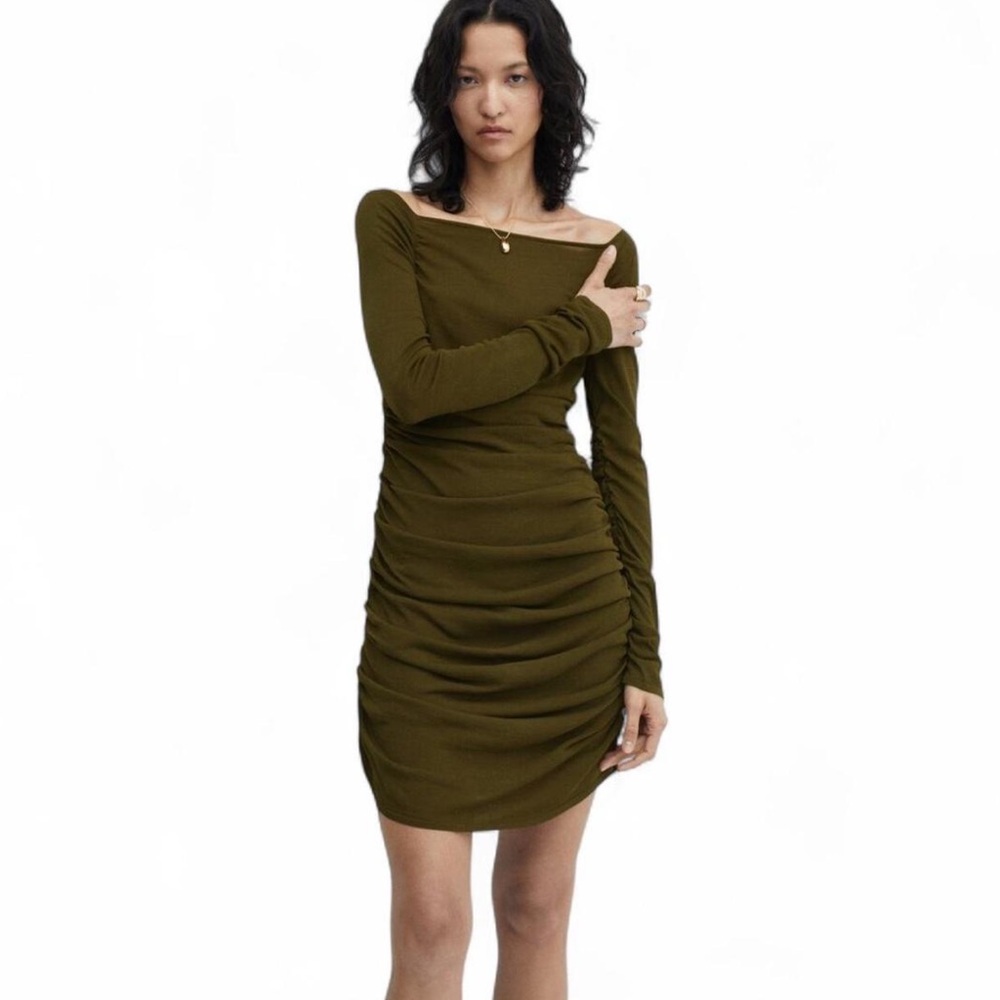NWT MNG‎ Mango Glow Khaki Long Sleeve Ruched Sheer Mini Dress XXL